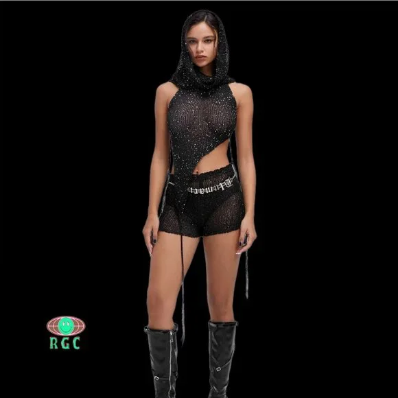 Hooded Boho Sequin Mesh Asymmetrical Matching Black Set Shorts Festival Rave NWT - Picture 1 of 5